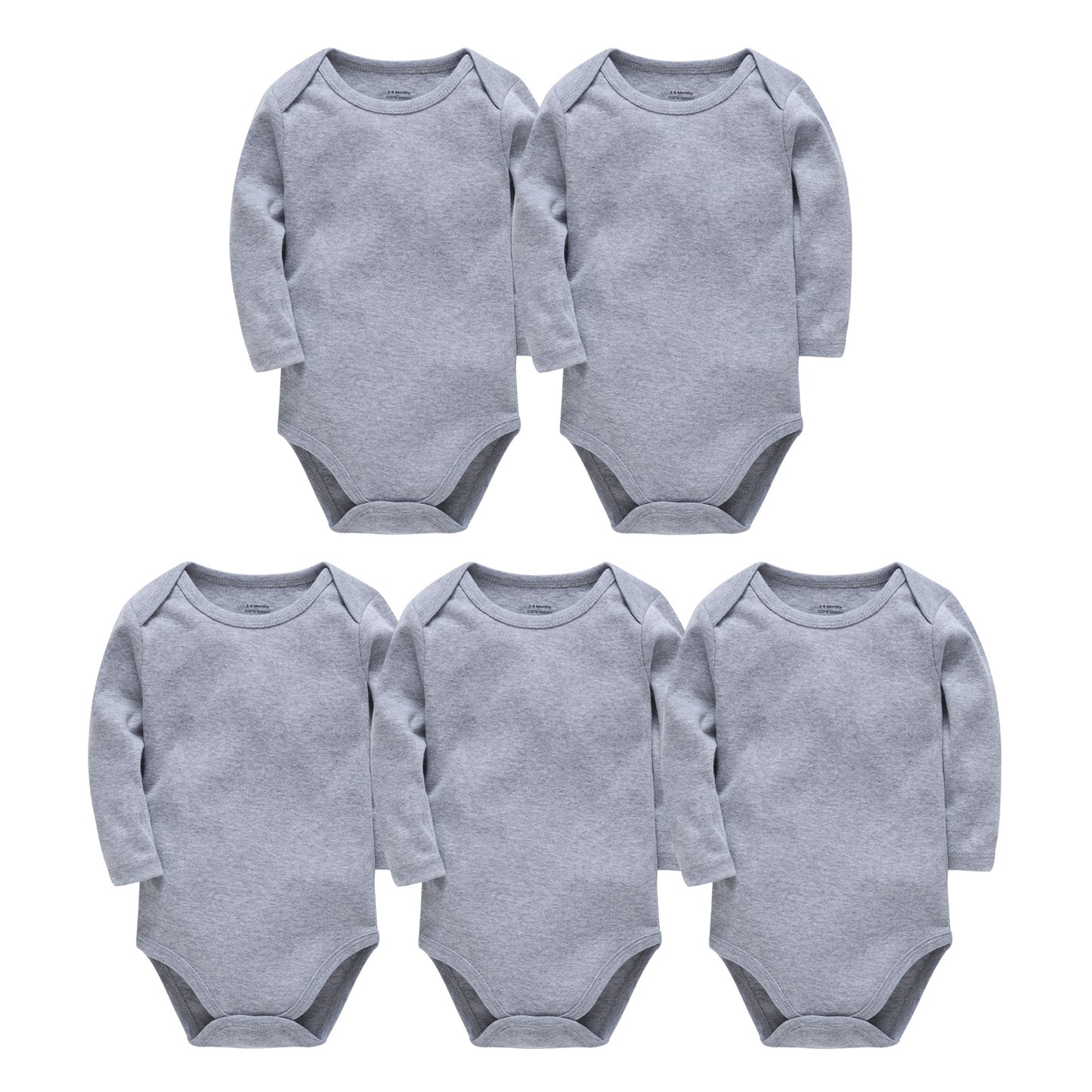 Five gray long-sleeve baby onesies arranged in a 3-2 pattern. Each is plain with an envelope neckline and snap closures at the bottom.