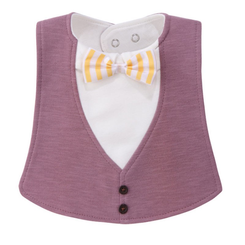 Purple baby bib styled as a suit vest with two buttons and a white shirt underneath, featuring a yellow and white striped bow tie at the neck.