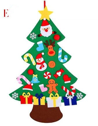 Felt Christmas tree with colorful decorations including Santa, snowflakes, gingerbread man, stockings, candy canes, and gift boxes. A yellow star tops the tree.