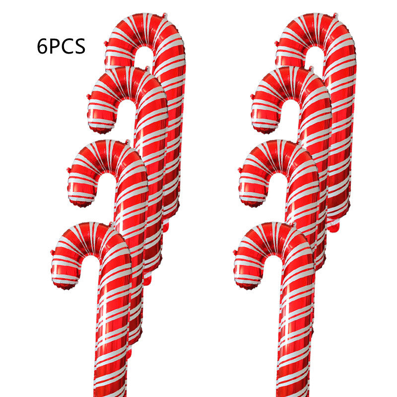 Six inflatable candy canes with red and white stripes are arranged in two rows against a white background. "6PCS" is printed in black text.
