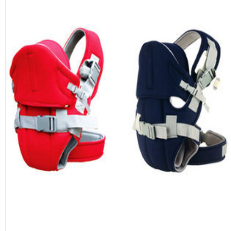 Two baby carriers, one red and one navy, featuring padded shoulder straps, safety buckles, and adjustable belts. They are placed side by side on a white background.