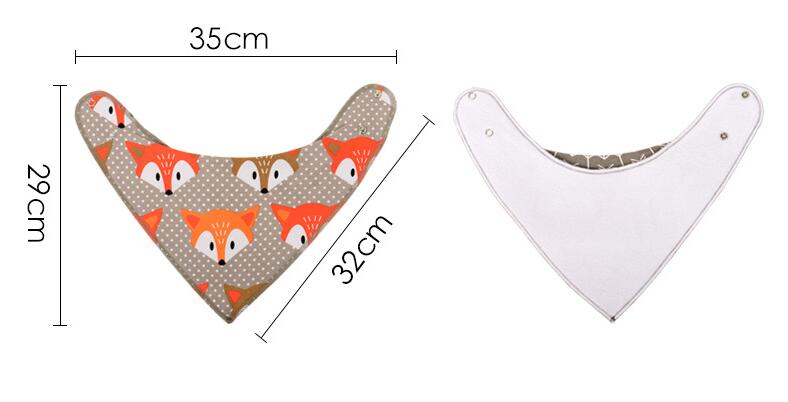 Two triangular bandanas, both measuring 35x29cm and 32cm long. One is brown with orange fox patterns, and the other is plain white, shown from the back with button closures.
