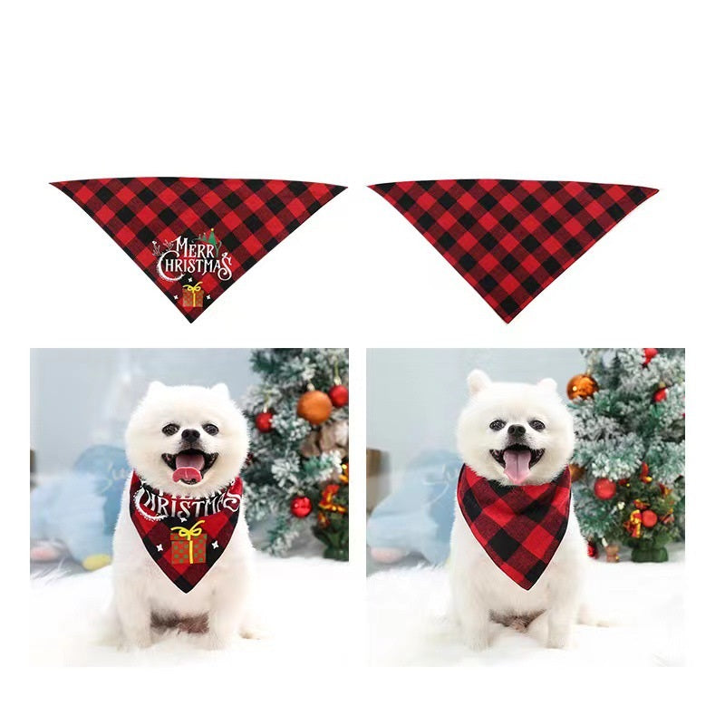White dog in front of Christmas trees wearing red plaid bandanas—one with "Merry Christmas" and a gift box design. Two views: one with text and one plain.