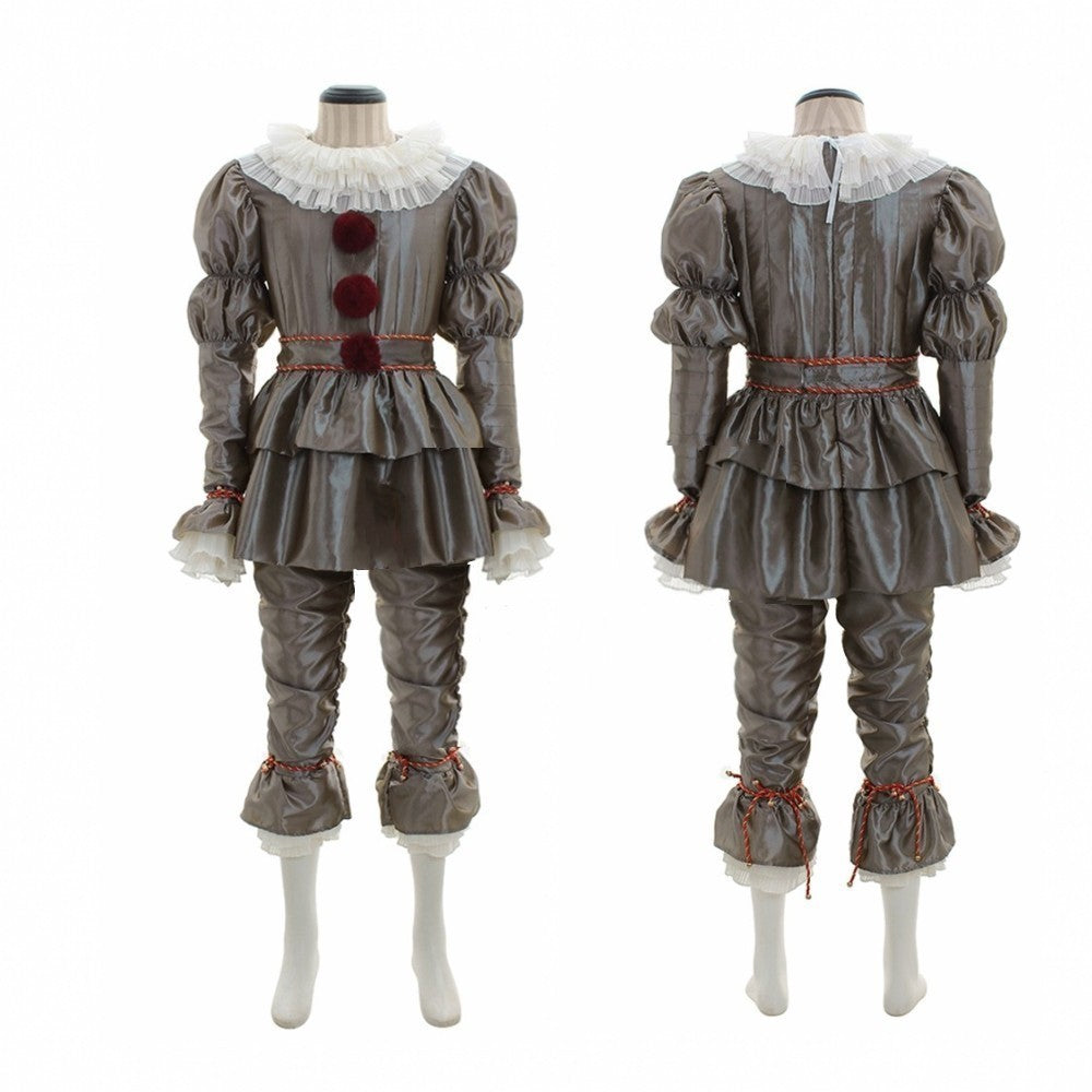 Gray clown costume with puffed sleeves, red pom-poms, and ruffled lace collar, shown from front and back on a mannequin. Pants are gathered at knees with decorative trim.