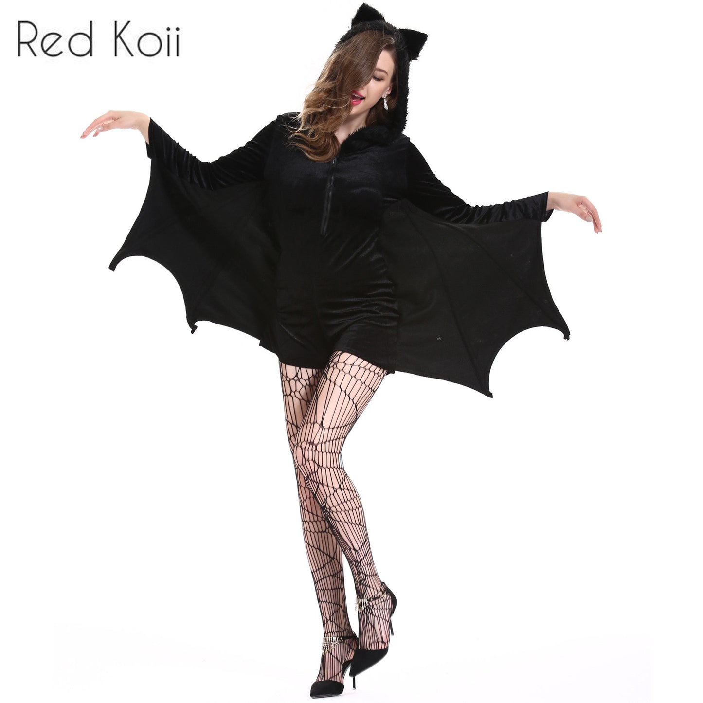 Person in a black bat costume with wing-like sleeves and cat ears poses gracefully. They wear fishnet stockings and high heels. Text "Red Koii" appears at the top left.