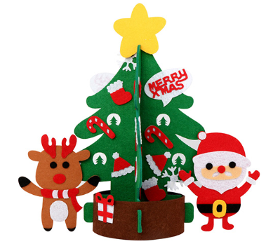 Festive felt decoration featuring a Christmas tree with a yellow star, candy canes, and stockings. A reindeer and Santa Claus stand beside it, with a "Merry Xmas" sign.