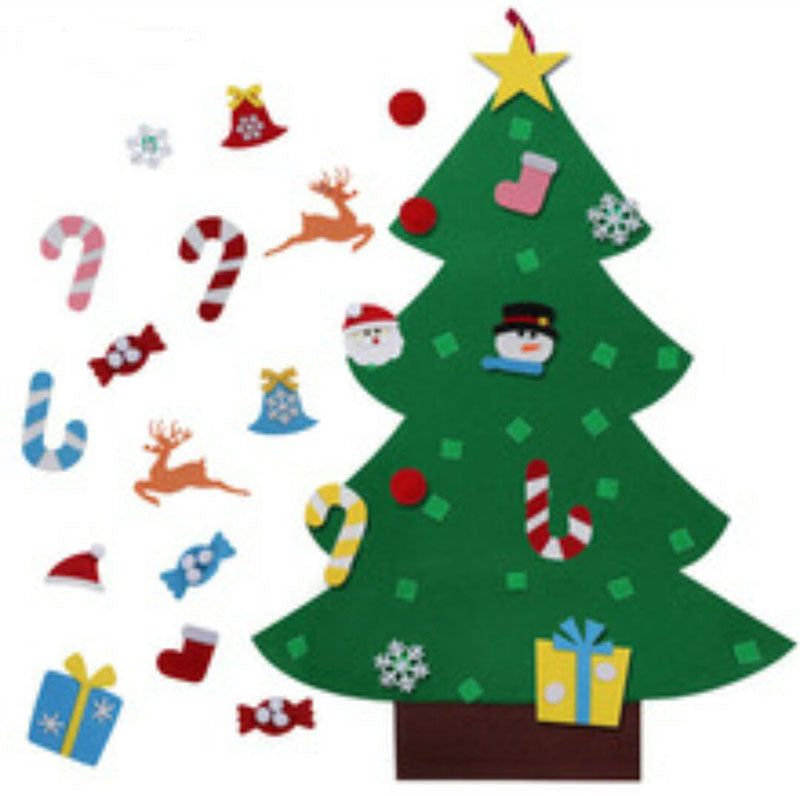 Festive felt Christmas tree with ornaments: stars, candy canes, snowflakes, reindeer, Santa, snowman, gifts, stockings, bells, and candies. Bright and colorful holiday decor.