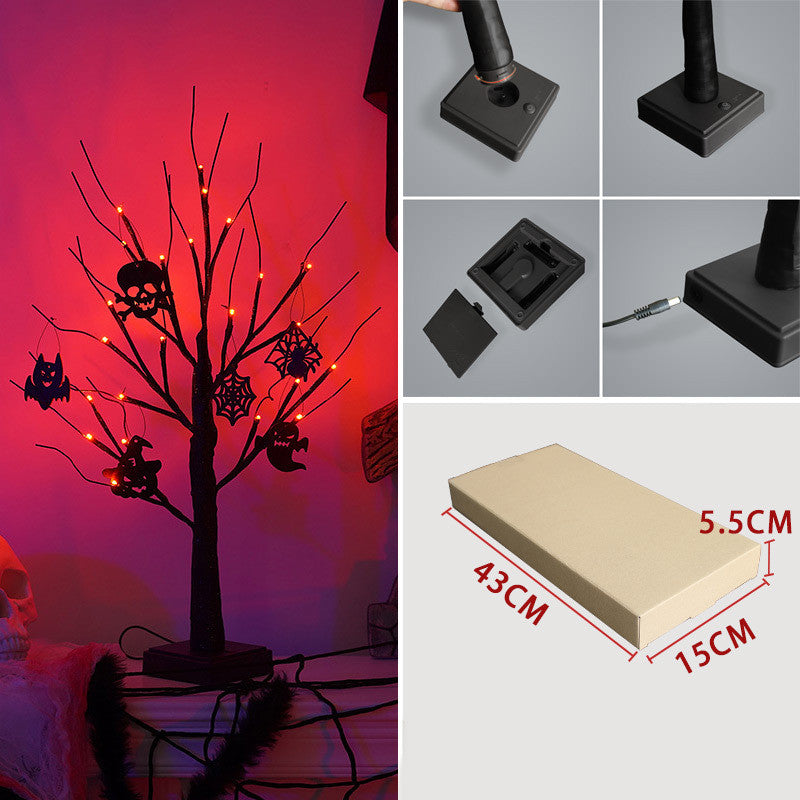 Halloween-themed LED tree with orange lights, adorned with bat, skull, and spider decorations. Package dimensions: 43cm x 15cm x 5.5cm. Close-up of base and power plug shown.