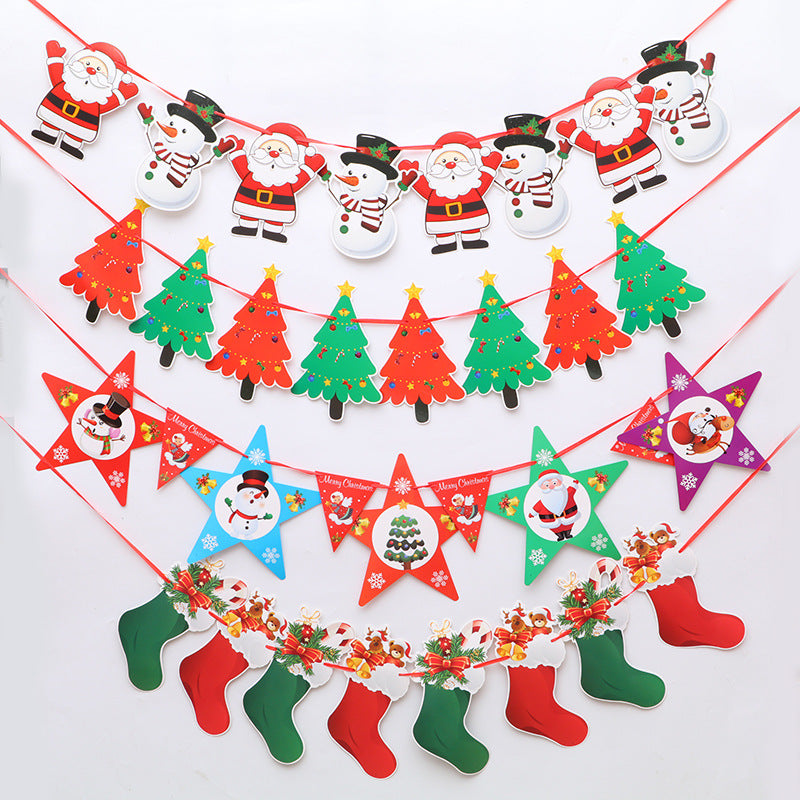 Festive Christmas garlands featuring Santa, snowmen, decorated trees, stars, and stockings in red and green. Perfect for holiday decorations, spread across a white background.