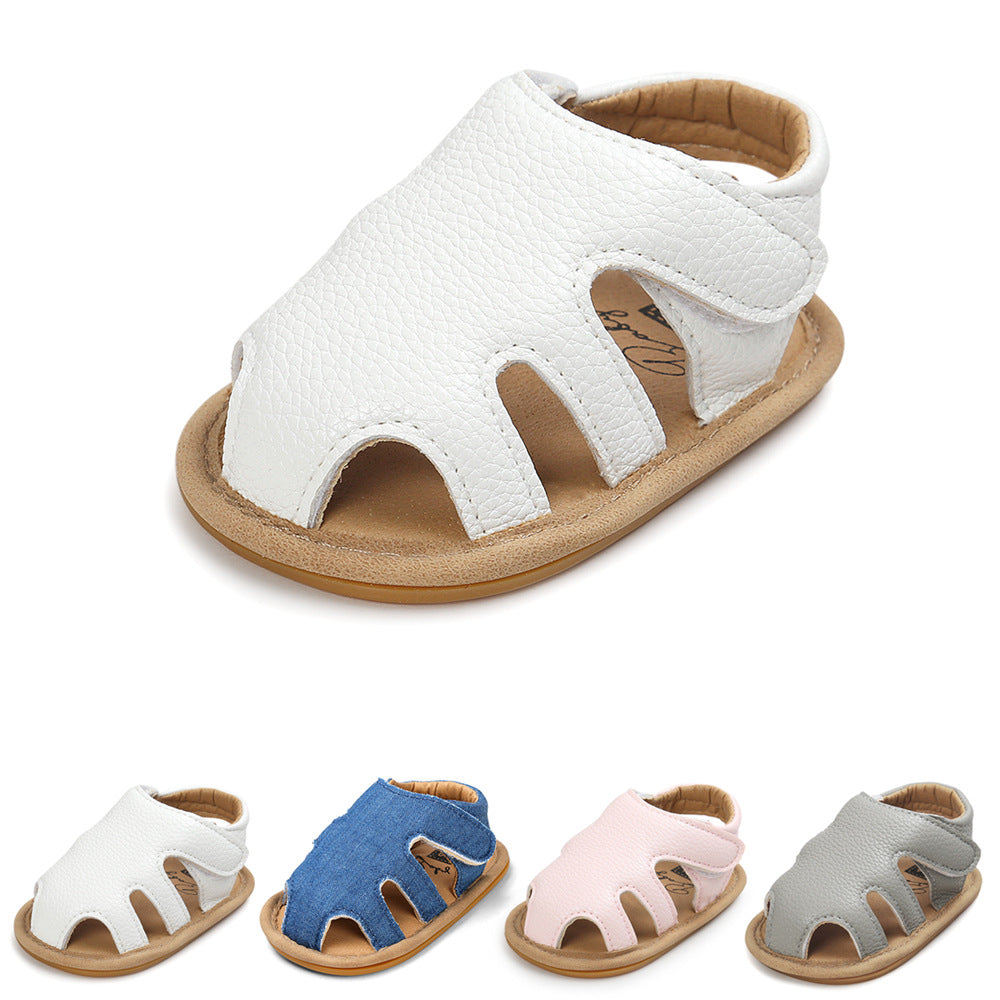 White leather baby sandal with a peep-toe design and Velcro strap on tan sole. Additional colors displayed below are white, blue, pink, and gray.