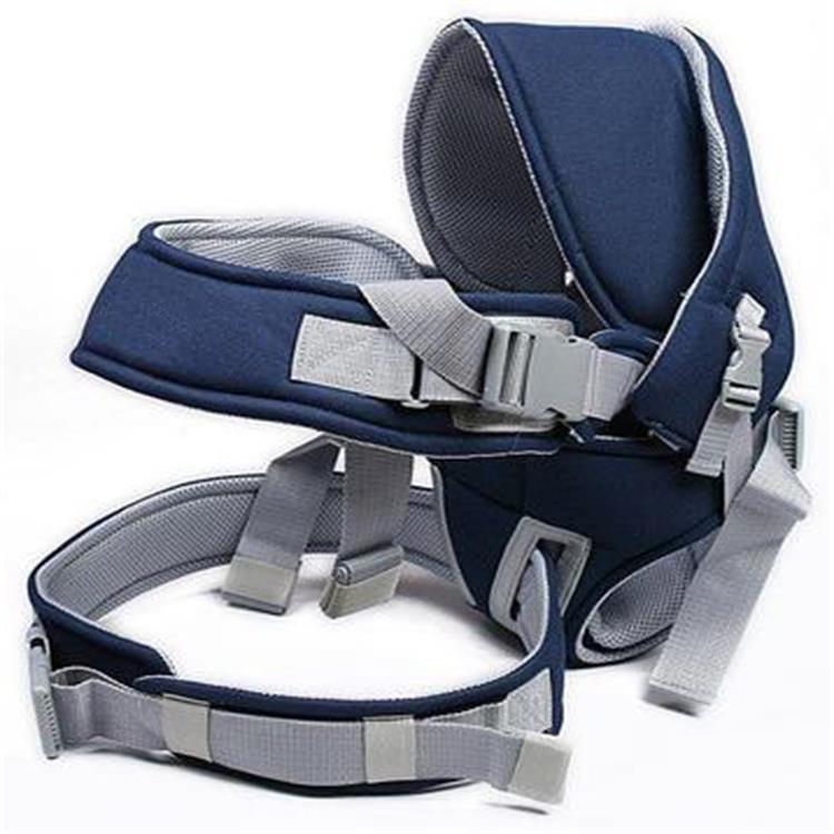 Navy blue and gray baby carrier with adjustable straps and padded seating, designed for comfort and support.