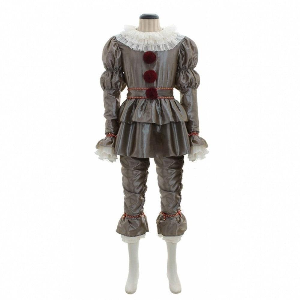 Mannequin in a vintage-style clown costume featuring a gray satin finish, puffed sleeves, ruffled collar, red pom-pom accents, and laced cuffs.