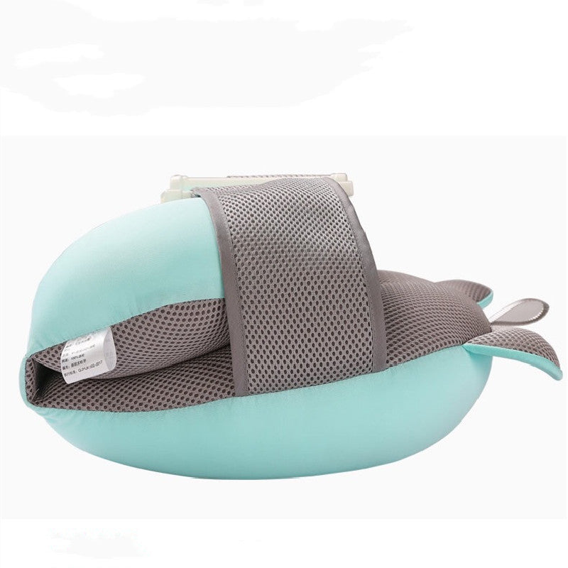 Aquatic-themed baby bath support in mint green and gray, featuring mesh fabric and strap for stability. Shaped like a hippo with small, attached ears and tail for added charm.