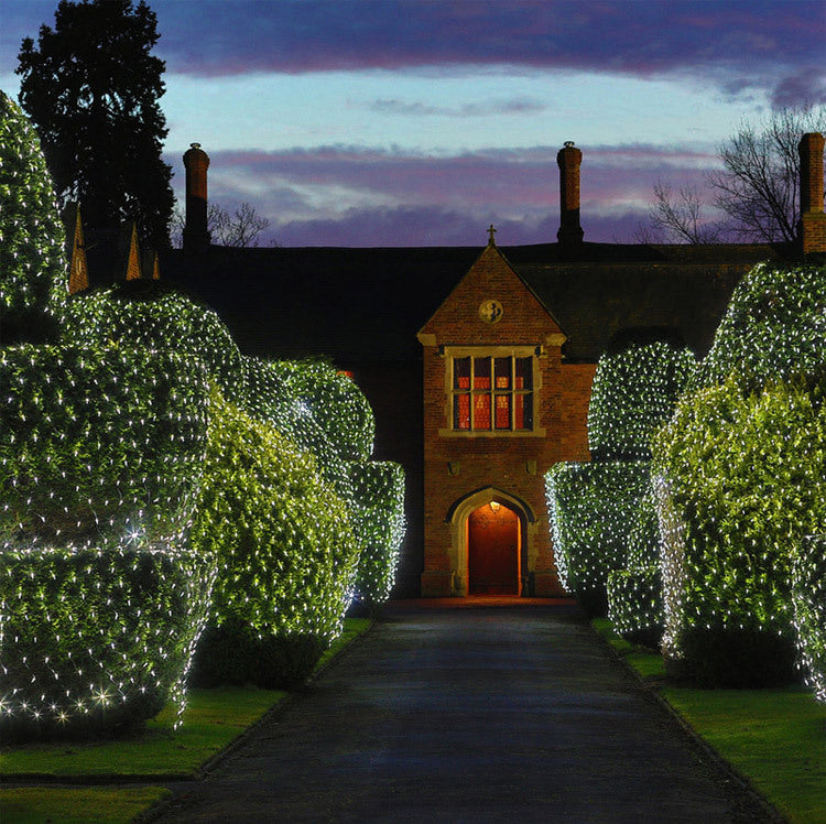 A brick building with a pointed arch doorway is framed by hedges adorned with twinkling lights. The evening sky is colorful, adding a magical ambiance to the scene.