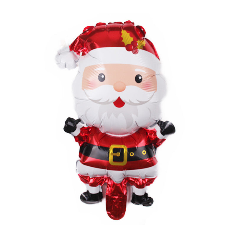A shiny, inflatable balloon shaped like Santa Claus wearing a red suit with a belt, hat trimmed with holly, and a white beard.