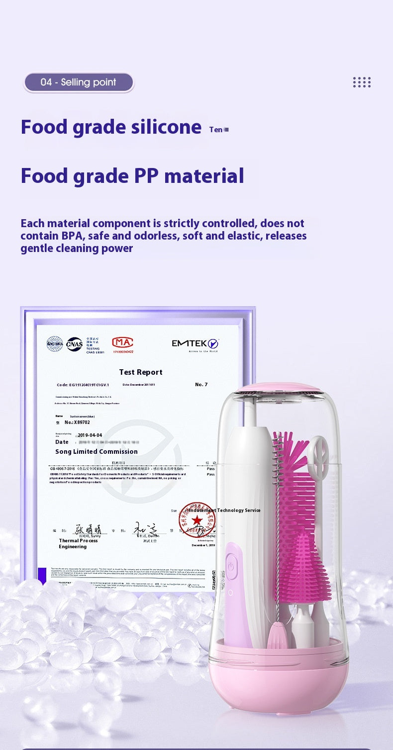 Advertisement highlighting food-grade silicone and PP material products, BPA-free, odorless, with a certification document. The product features a pink and white cleaning device.