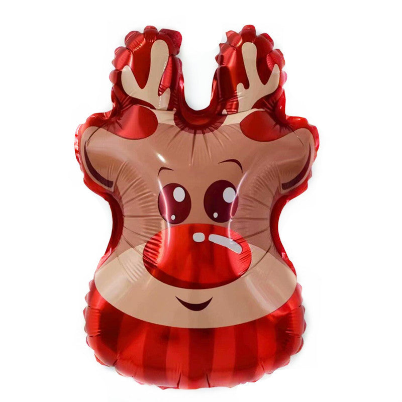 A festive reindeer-shaped balloon with a shiny red and tan design, smiling face, and cartoonish eyes, featuring antlers on top.