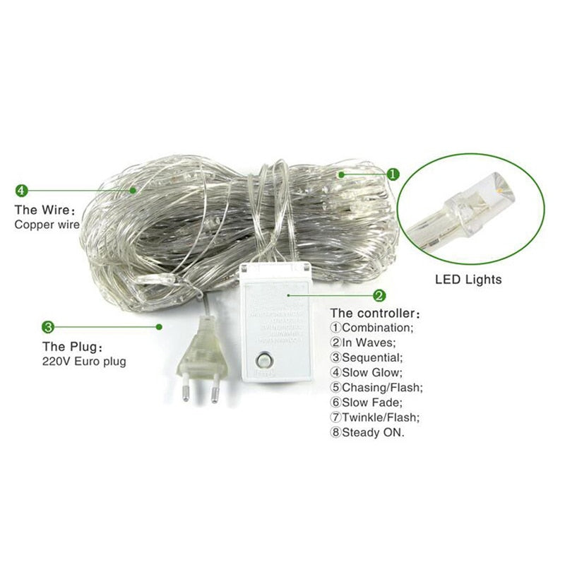 Bundle of LED lights with a 220V Euro plug, copper wire, and a controller featuring eight modes: Combination, In Waves, Sequential, Slow Glow, Chasing/Flash, Slow Fade, Twinkle/Flash, Steady On.