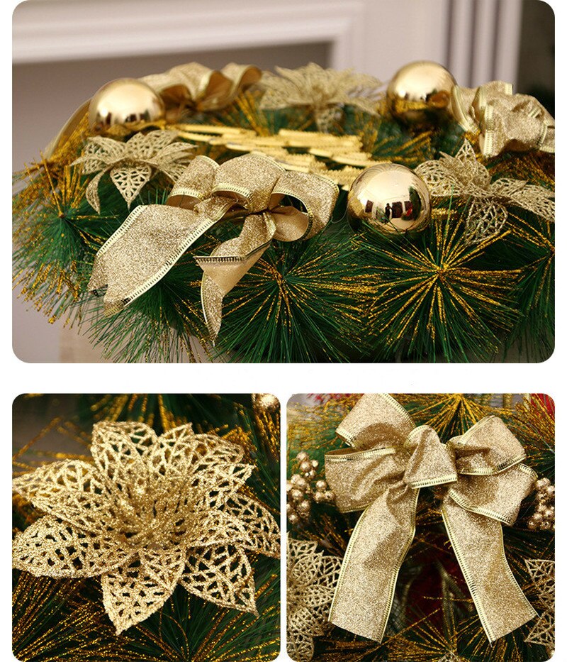Festive wreath adorned with gold ribbons, shiny baubles, and intricate golden floral decorations on green foliage. Close-up views highlight sparkling textures and elegant bows.