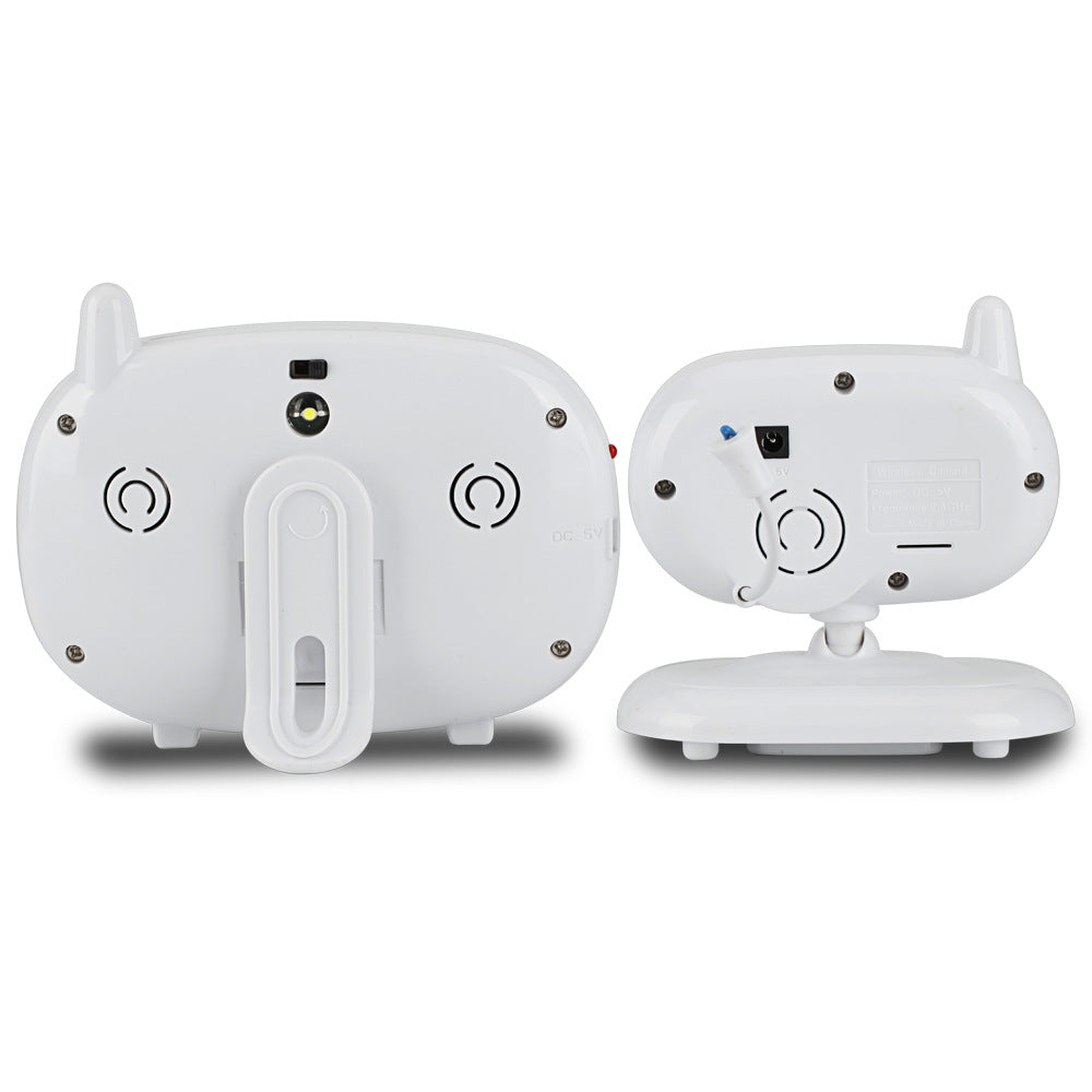 Rear view of two white electronic devices with antennas, featuring screw holes, ports, ventilation grilles, and a folding stand, placed on a white surface.