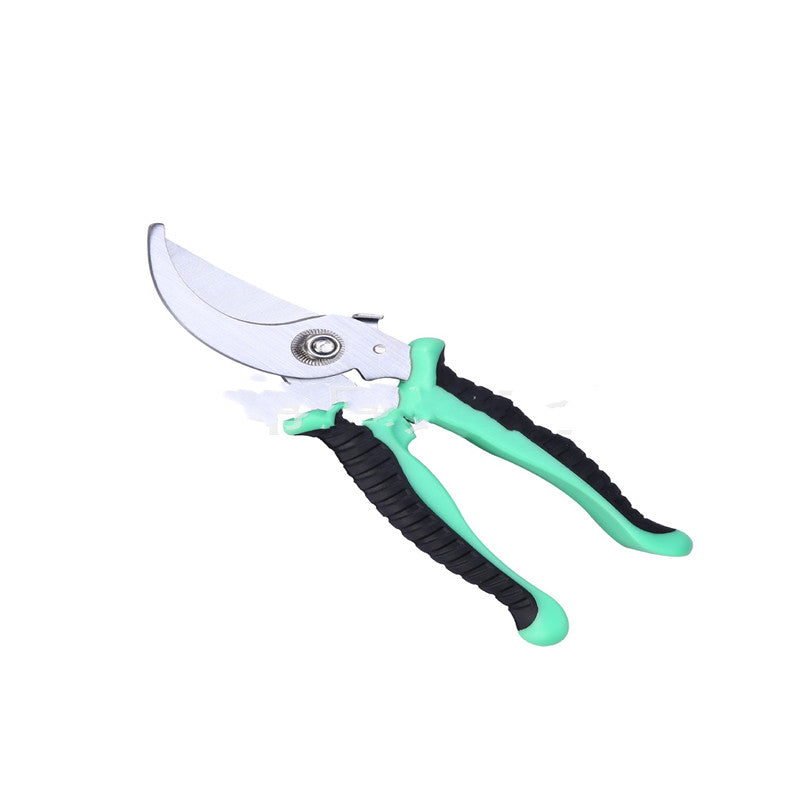 Green and black garden pruning shears with a curved stainless steel blade and ergonomic handle, designed for easy cutting.