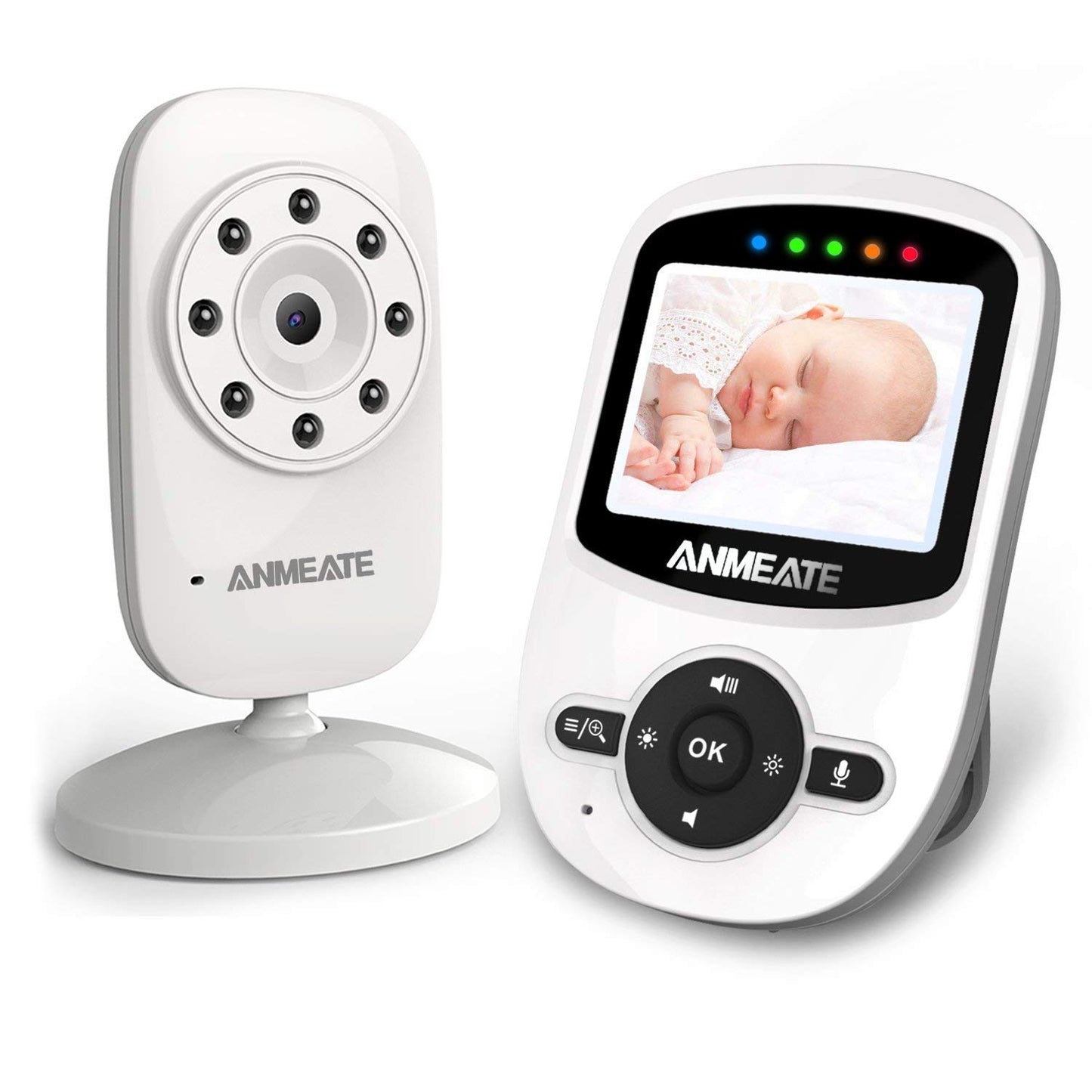Baby monitor system with a camera and a handheld screen displaying a sleeping baby. The camera is oval with multiple infrared LEDs, while the screen has control buttons.