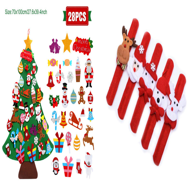 Felt Christmas tree set with 28 detachable ornaments, including Santa, snowmen, and reindeer. To the right, four red napkin rings with festive characters.