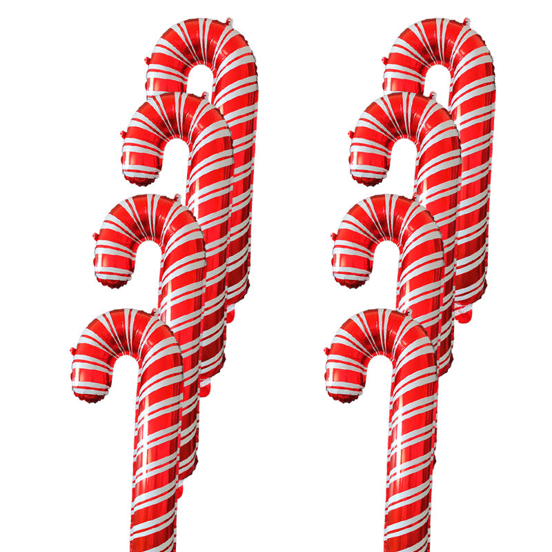 Six red and white striped candy cane balloons are displayed in two columns against a plain white background, creating a festive and vibrant holiday scene.