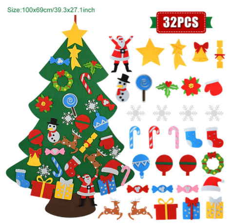 Felt Christmas tree set with 32 detachable decorations, including Santa, stars, snowmen, candy canes, stockings, wreaths, and gifts, size 100x69cm (39.3x27.1 inches).