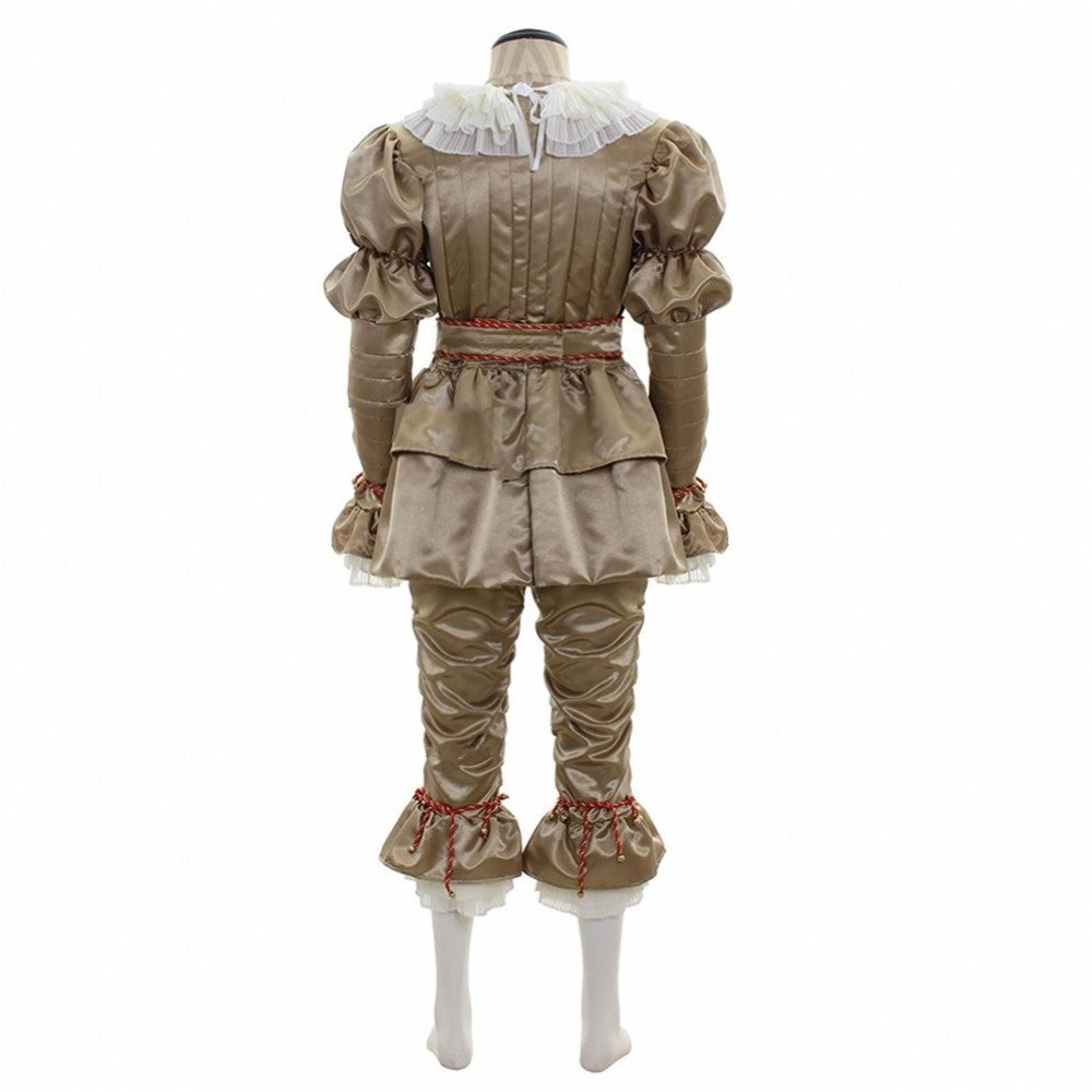 Costume with ruffled white collar, puffy sleeves, and red accents, seen from the back. Features a pleated waist, layered skirt, and tapered pants with gathered cuffs.