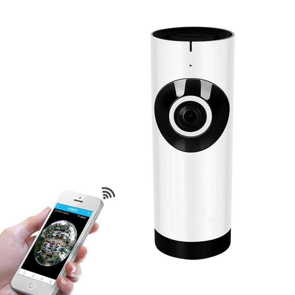 Sleek white security camera with a black lens, paired with a smartphone displaying its feed. A Wi-Fi symbol indicates connectivity between the two devices.