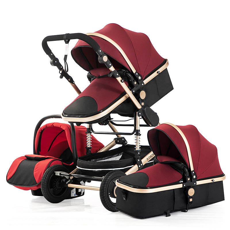 Red and black modular baby stroller system with three detachable components: bassinet, seat, and car seat. Features golden frame, padded handlebar, and sturdy wheels.