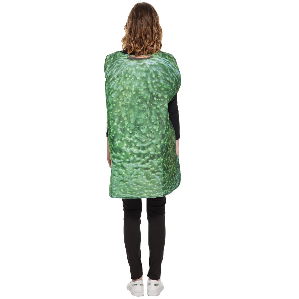 Person wearing a green pickle costume from behind, with textured, bumpy surface. Visible are black pants and white sneakers, standing against a plain white background.