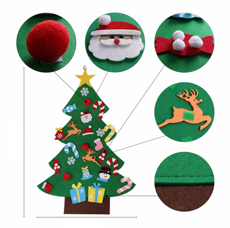 Felt Christmas tree with various detachable decorations including Santa, reindeer, candy canes, and presents. Enlarged views highlight details of Santa, a red pom-pom, candy, reindeer, and stitching.