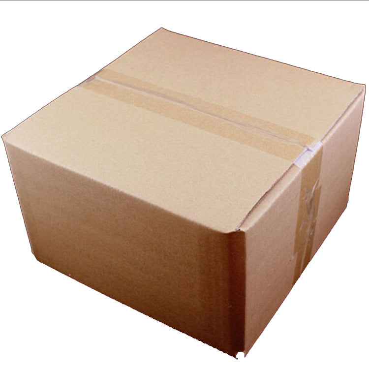 A plain brown cardboard box sealed with clear packing tape, sitting on a white background. The box is slightly turned to show its side and top surfaces.