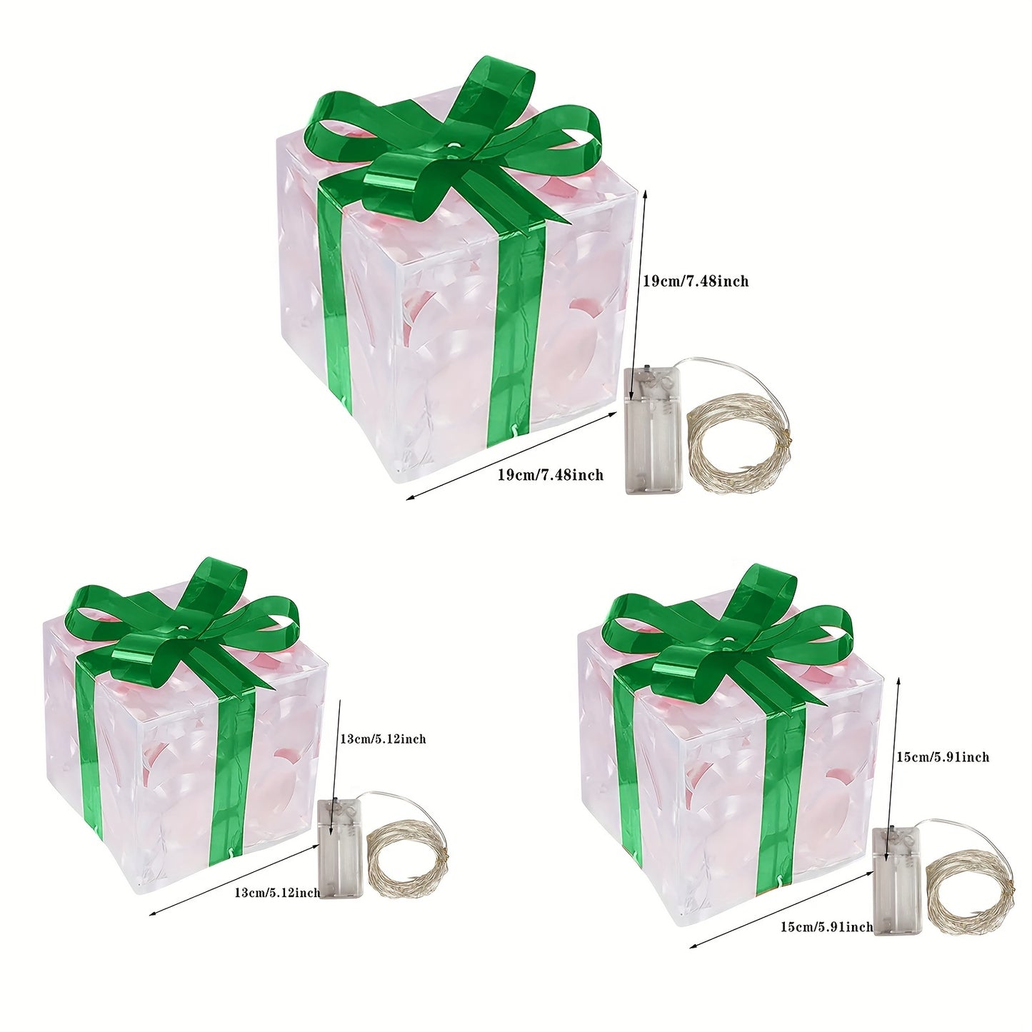 Three gift boxes wrapped with green bows, varying in sizes: 19cm, 15cm, and 13cm. Each includes a battery-powered LED light string beside it, enhancing its design.