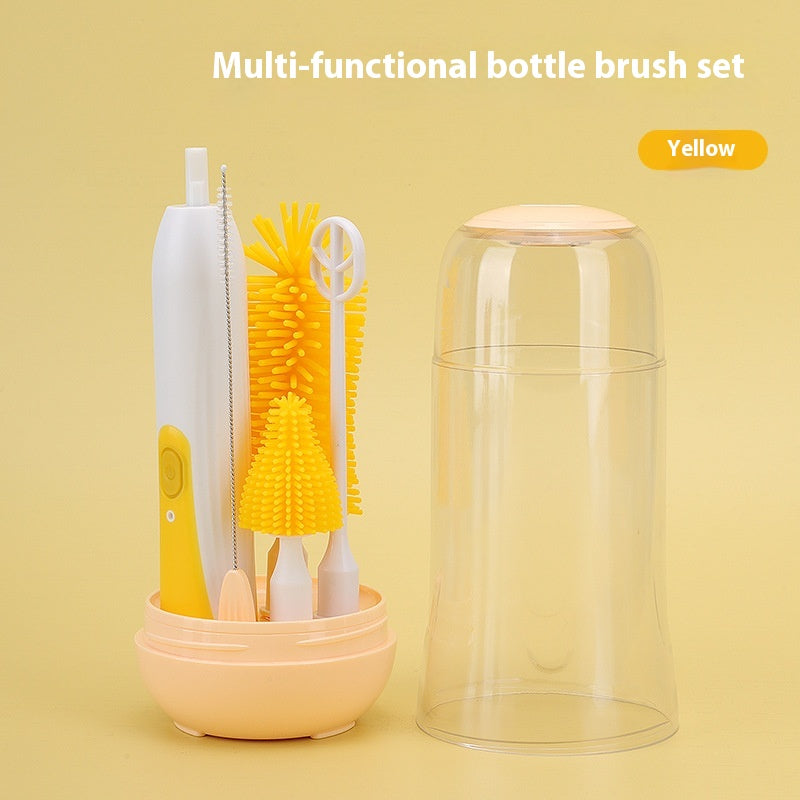 Yellow multi-functional bottle brush set with various brushes in a holder, alongside a transparent cover, against a matching yellow background.