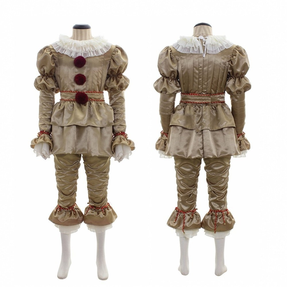 Front and back view of a beige clown costume featuring puffed sleeves, red pom-pom buttons, ruffled collar, and matching pants with red accents. Displayed on a mannequin.