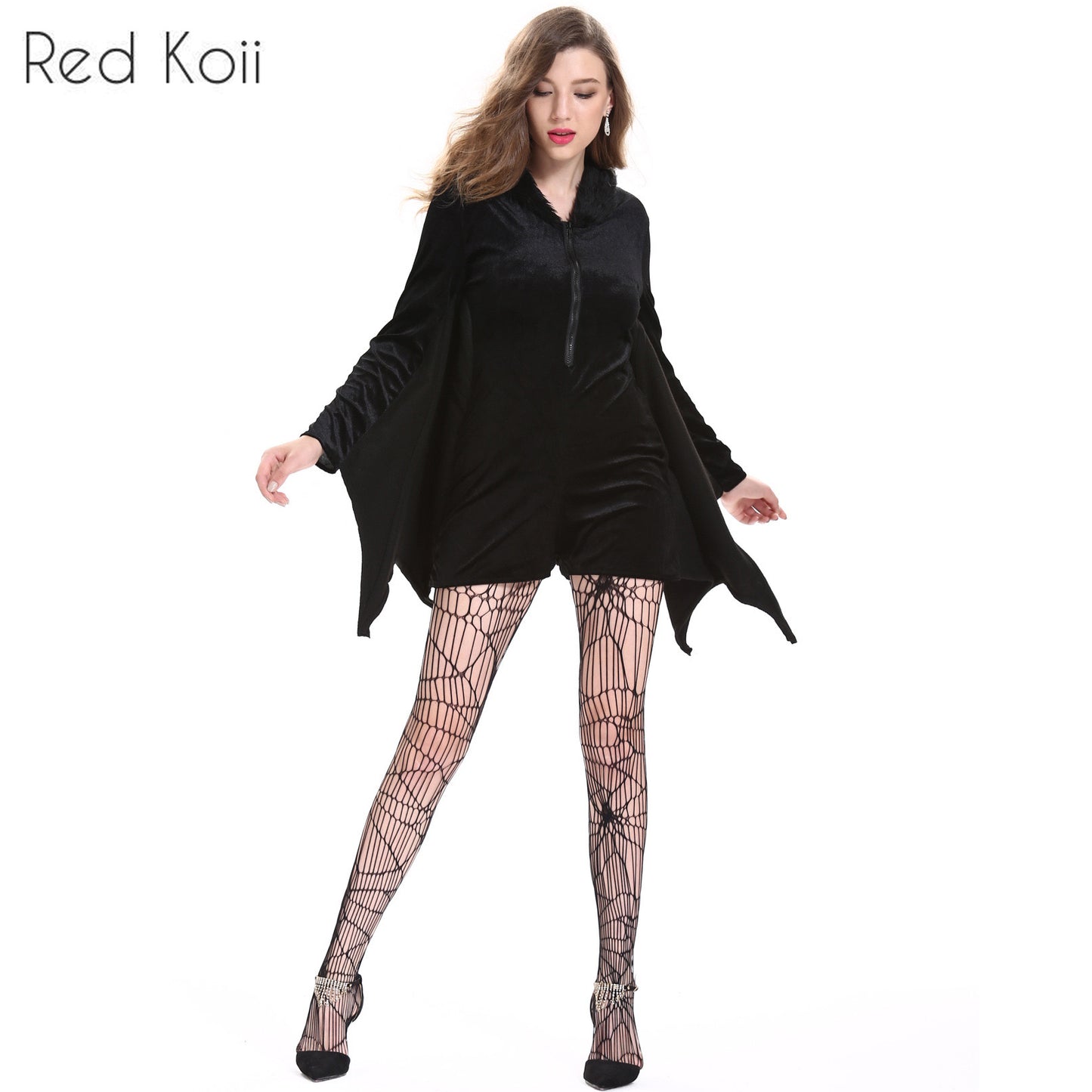 Woman in a black, flowing outfit paired with web-patterned tights and heels, against a white background. The brand name "Red Koii" is in the top-left corner.