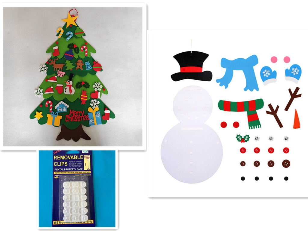A felt Christmas tree with ornaments, snowman assembly kit with hat, scarf, and buttons, and a pack of removable clips. Perfect for holiday decorations and crafts.