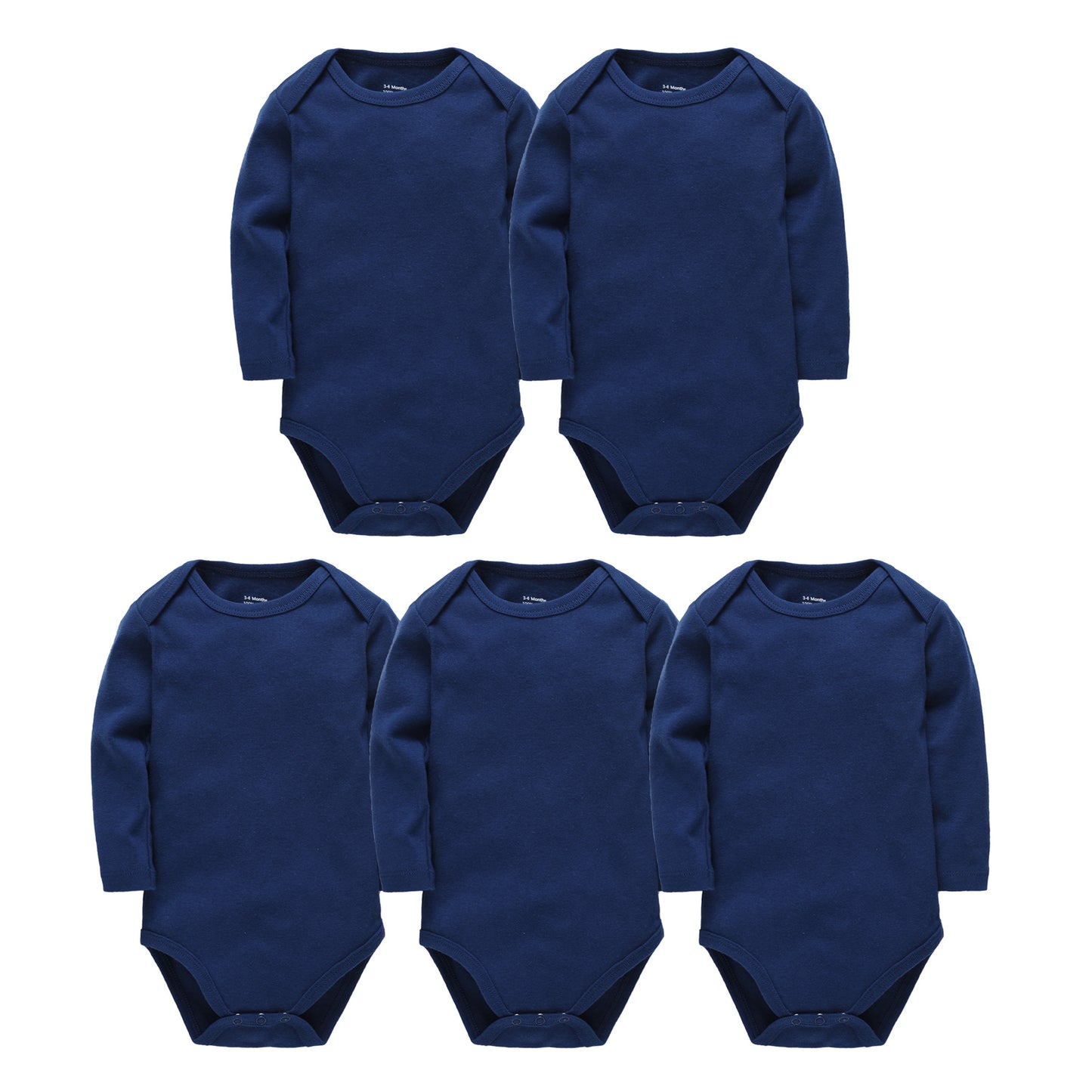 Five dark blue, long-sleeve baby bodysuits arranged in a grid pattern. Each has a simple round neck and snap closures at the bottom.