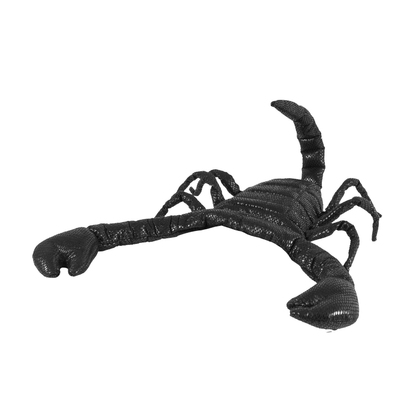 Black fabric scorpion toy with textured surface, featuring eight legs, two pincers, and a curved segmented tail, positioned against a white background.