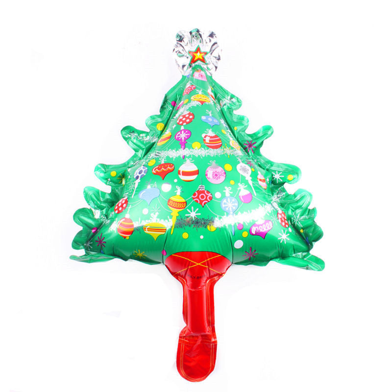 Inflatable Christmas tree balloon with colorful ornaments and lights printed on a green background, topped with a small star, and attached to a red handle.