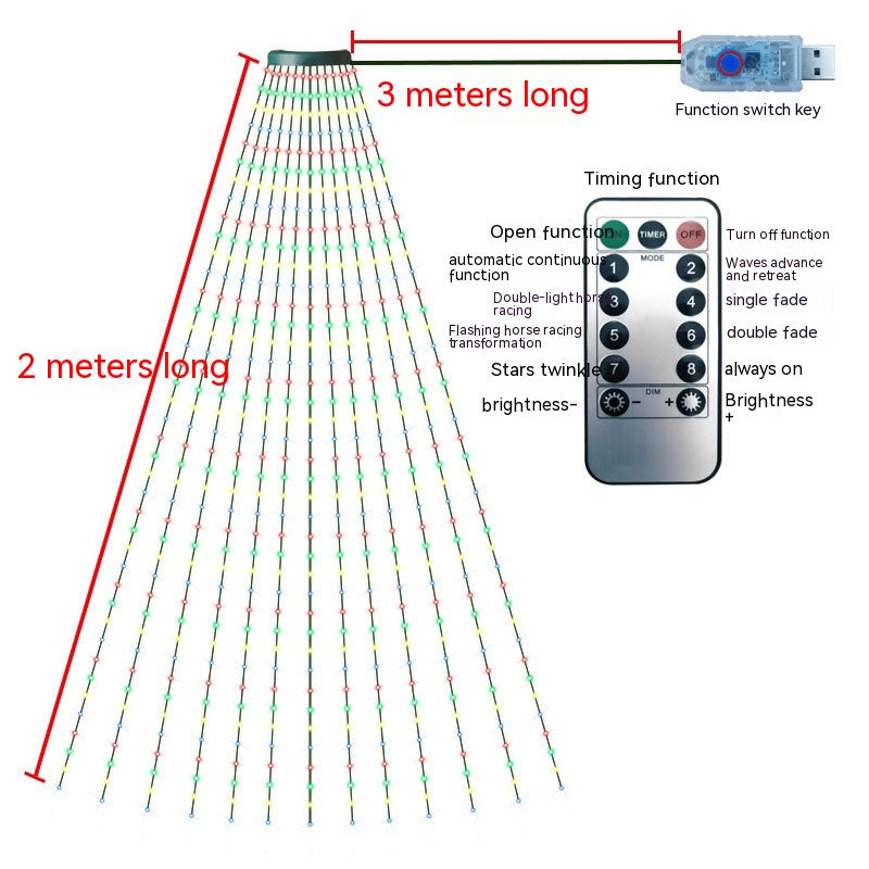LED curtain lights in a triangular layout, 3 meters wide and 2 meters tall, with a remote control displaying functions like brightness adjustment and various lighting modes.