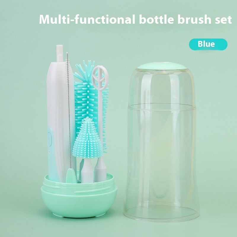 Blue multi-functional bottle brush set includes a motorized handle, brushes of various sizes, and a clear plastic case. Perfect for cleaning baby bottles and more.