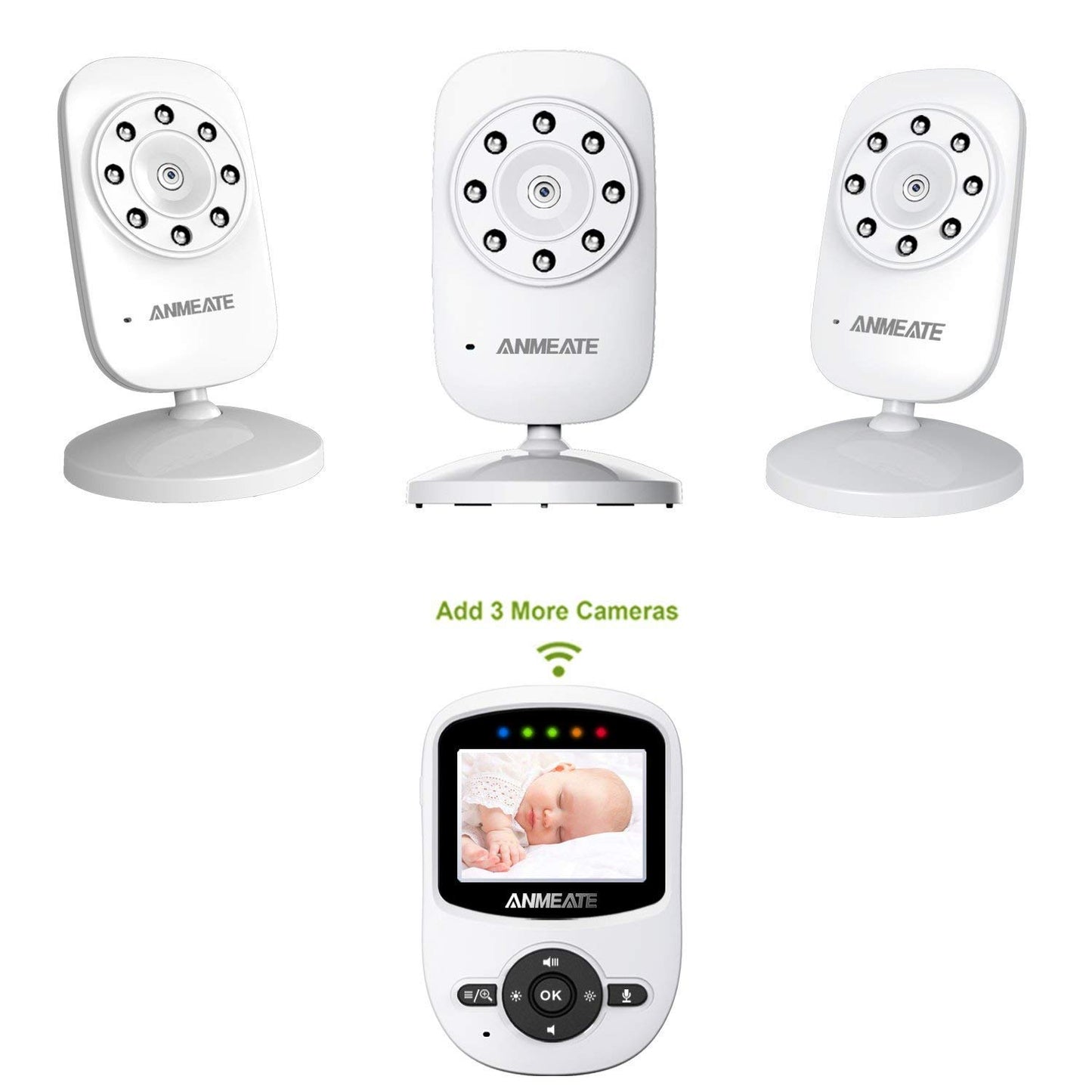 Three white baby monitor cameras and a handheld screen displaying a sleeping baby. The screen supports connection with three additional cameras.