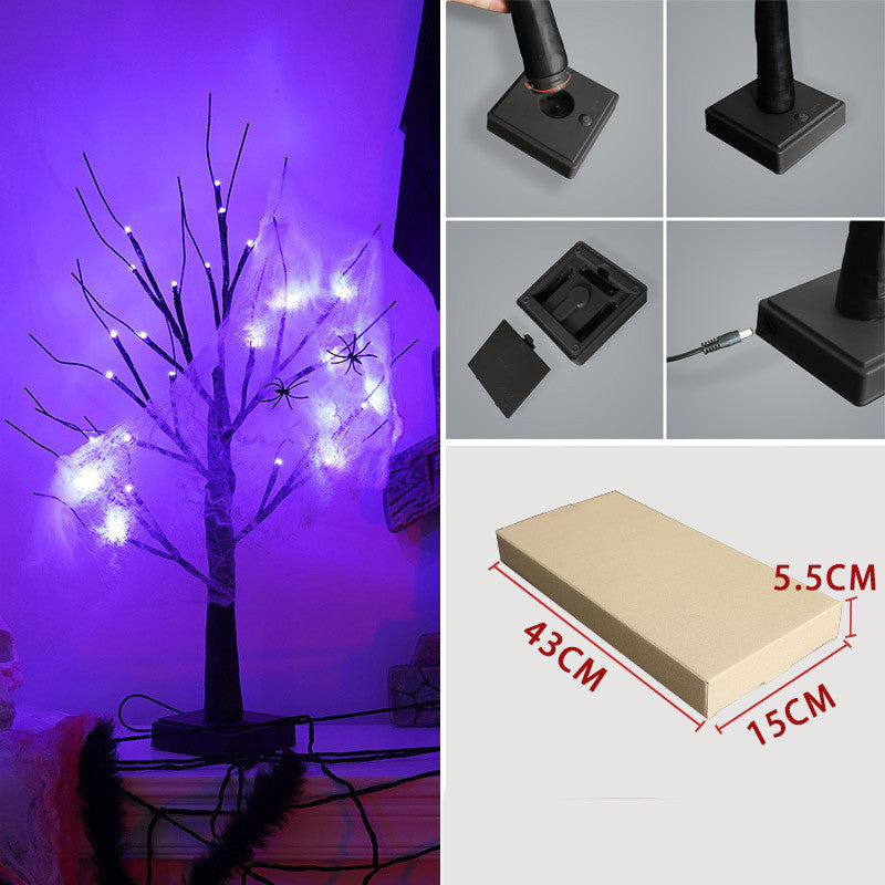 Halloween LED tree with white lights and spider decorations on purple background. Close-ups of base assembly and power connection. Packaging dimensions: 43cm x 15cm x 5.5cm.