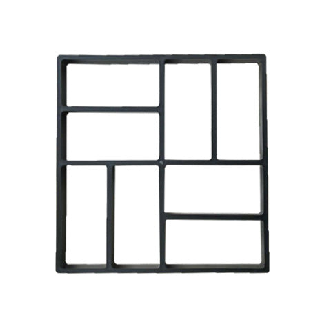 Black square paving mold with geometric divisions, featuring various rectangular and square sections. The mold is against a plain white background.