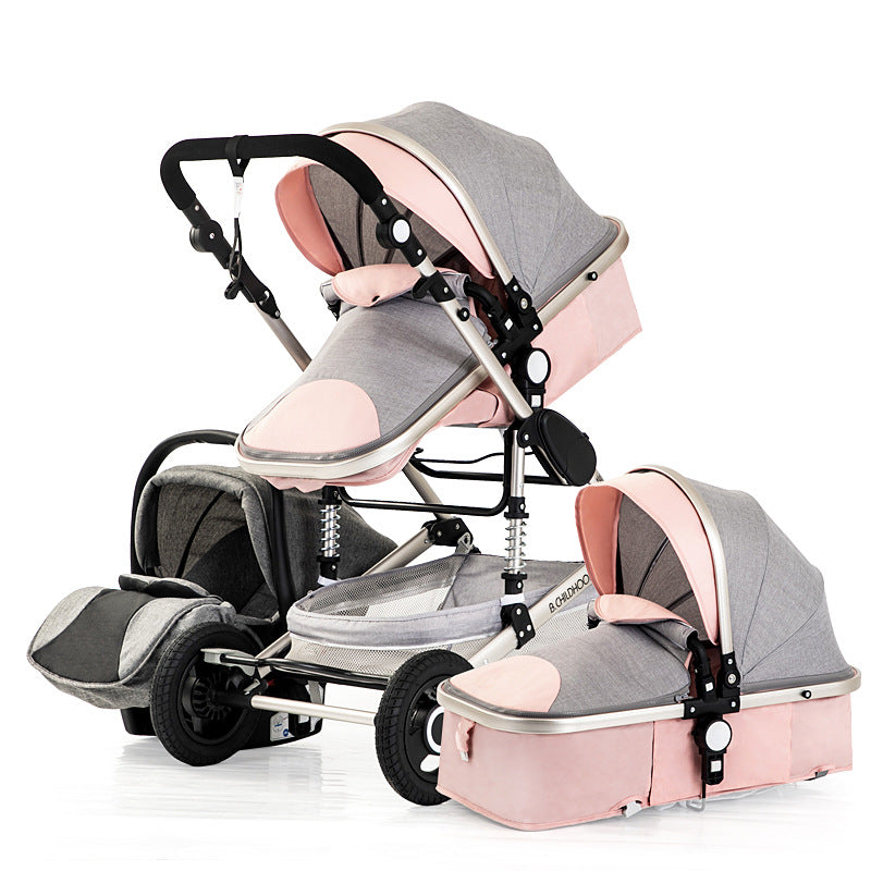 Pink and gray baby stroller with adjustable seating, removable bassinet, and large wheels, designed for versatility and convenience.