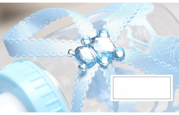 Close-up of a clear bottle with a light blue lid, adorned with a blue ribbon and blue gem embellishments, featuring delicate scalloped edges and a decorative design.